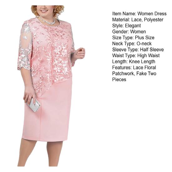 Damen Übergröße Ballkleid O-Ausschnitt Halbarm Stickerei Spitze Floral Patchwork Kleid