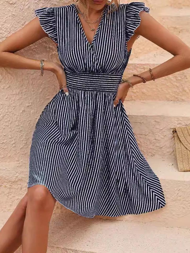 Colorful Summer Women's Slim-Fit Striped Butterfly Sleeve Dress