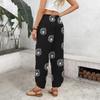 Women's Casual Wide Leg Pants with Button Front, Loose Fit Printed Pattern Trousers