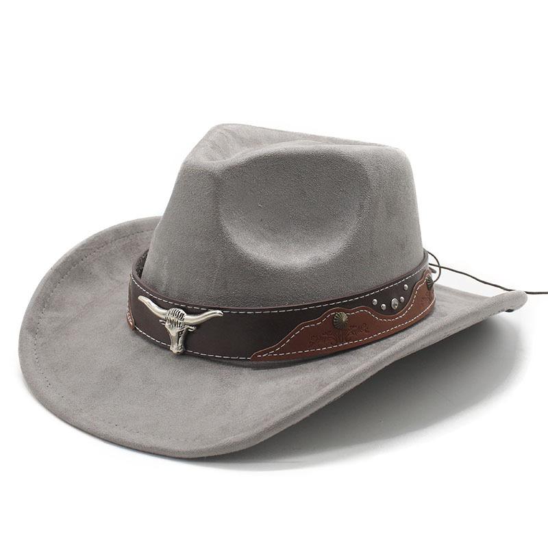 Retro Bull Head Western Cowboy Hat Men And Women, Tibetan Suede Jazz Hat, Big-Brimmed Top Hat
