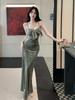 Elegant Velvet Bowknot Patchwork Camisole Dress - Slim Fit, High Slit, Hip-Hugging, Formal Long Gown