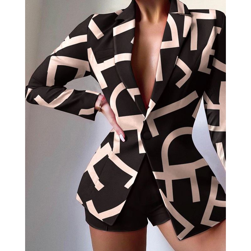 European and American Women's Clothing Fashion Suit Print Shorts Suit Long Sleeve Printed Shorts Suit