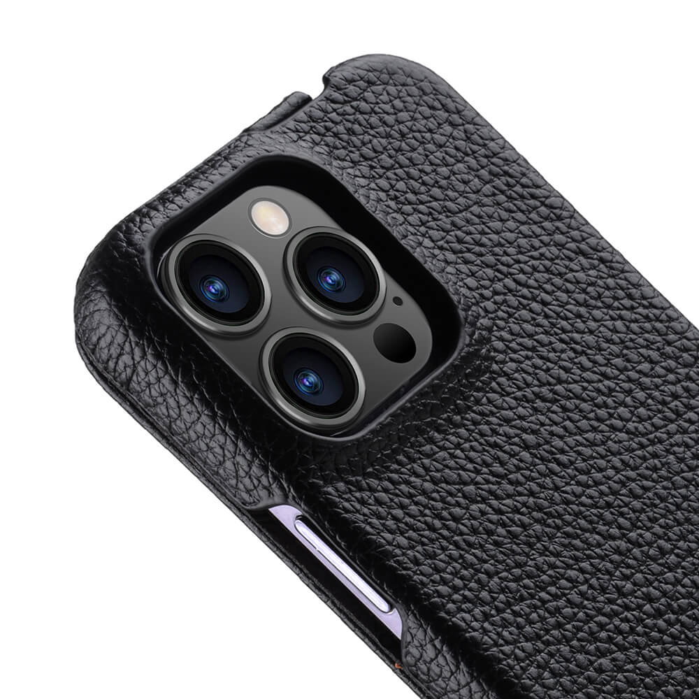 MELKCO For iPhone 15 Pro Max Case Litchi Texture Genuine Cow Leather+PC Vertical Flip Cover