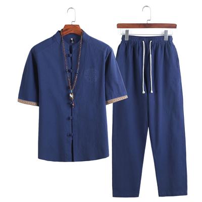 Men Shirts+Long Pants  Linen Sets Summer  Men Chinese Style 2 Pieces Hanfu Tracksuit Tang Suit 5Xl