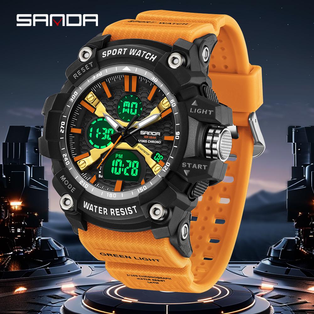 SANDA Fashion Men's Electronic Watch Multi Functional Outdoor Sports Waterproof Calendar Night Light LED Men's Watch