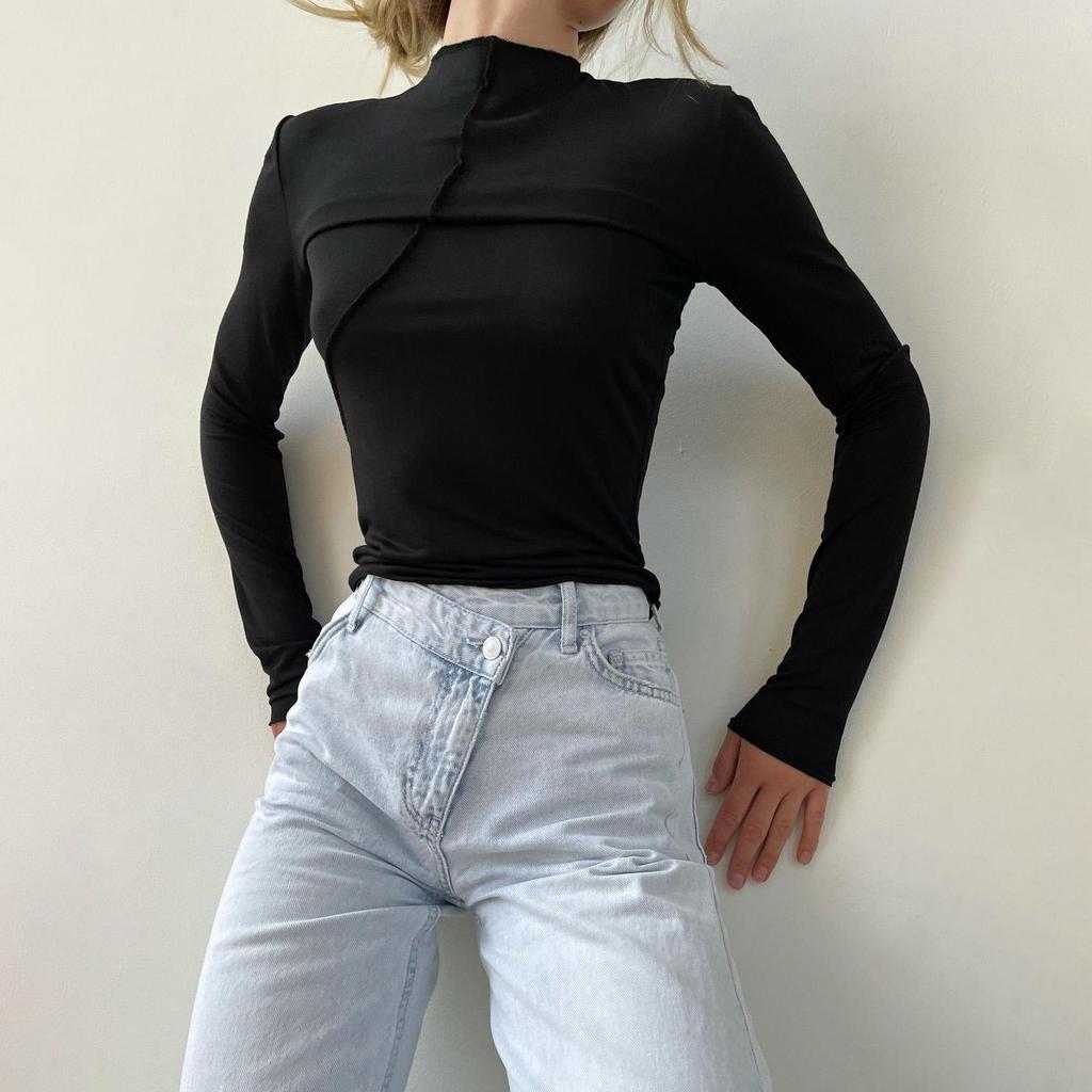 Tshirt Sleeve Women Long Summer Half Stand Collar Solid