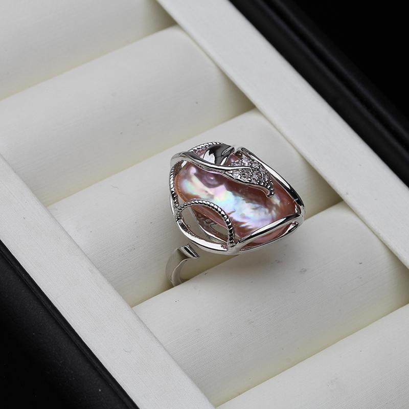 Genuine Freshwater Baroque Pearl Rings For Women,Big Natural Pearl Ring Adjustable Size Wife Anniversary Gift