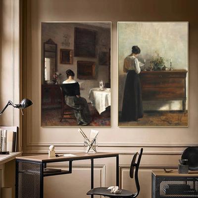 Affiches et imprimés de scène intérieure de lecture de femme Vintage, peinture sur toile, images d'art murales antiques pour décoration de salon et de maison