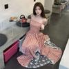 French Retro Red Plaid Tube Top Dress Women's Spring and Summer New Seaside Vacation Style Lace Splicing Long Skirt