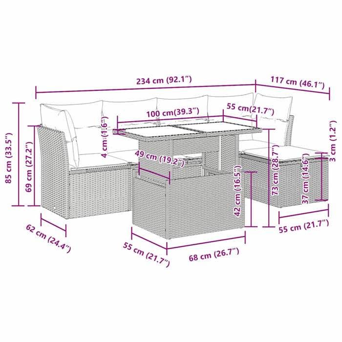 VidaXL Salon de jardin avec coussins 6pcs marron résine tressée acacia, ensemble de canapés d'extérieur, salon de jardin 3326145