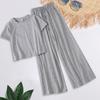 2 Piezas/Set Conjunto de Pantalones y Camiseta para Mujer Color Sólido Cuello Redondo Mangas Cortas Cintura Elástica Pierna Ancha Ropa de Casa Cordón Top Corto Traje de Pantalones y Top para Dama