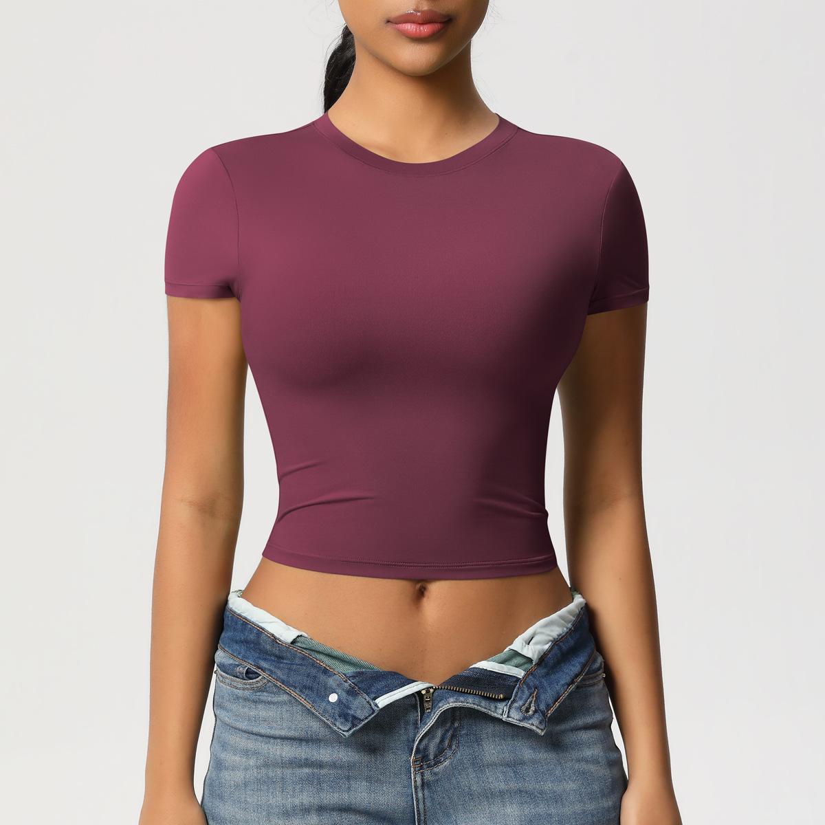 

Двусторонний нейлоновый повседневный облегающий быстросохнущий топ для пилатеса, костюм для йоги, футболка с коротким рукавом для бега и фитнеса XL вино красного