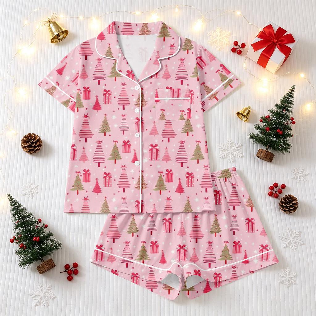 Women's Christmas Pajama Set with Short Sleeve Button Down Shirt and Pajama Shorts