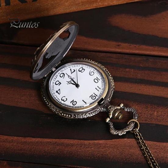 Retro Vintage Hollow Wolf Flower Carved Pendant Necklace Quartz Pocket Watch