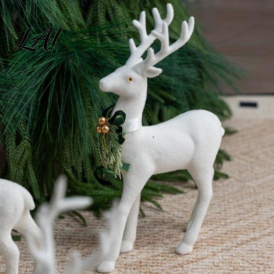 Minimalist White Flocked Ornaments Elk Ornament Ribbon Bell Decor 3D Standing Deer Stable Christmas Figurines Figurine Decorative Accents