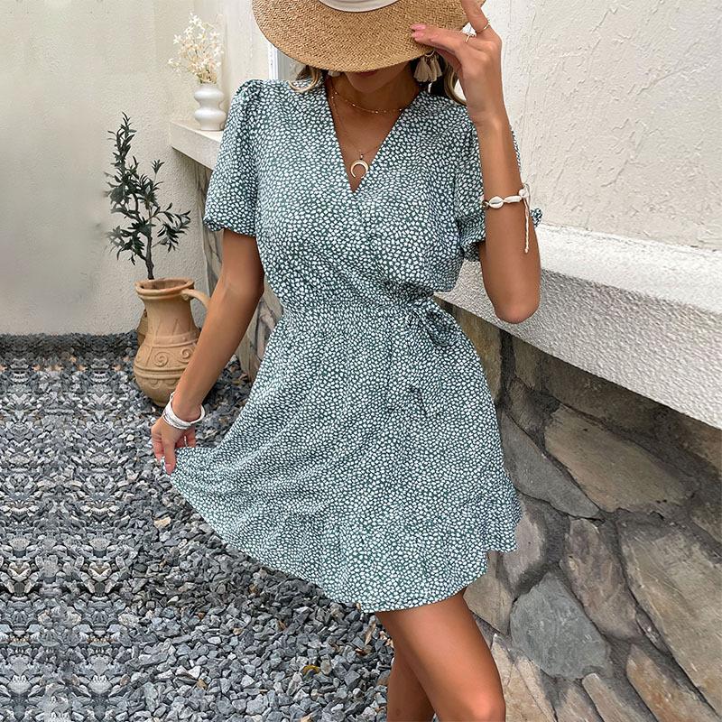 

2025 summer new fashion women s printed v-neck dress S зелений
