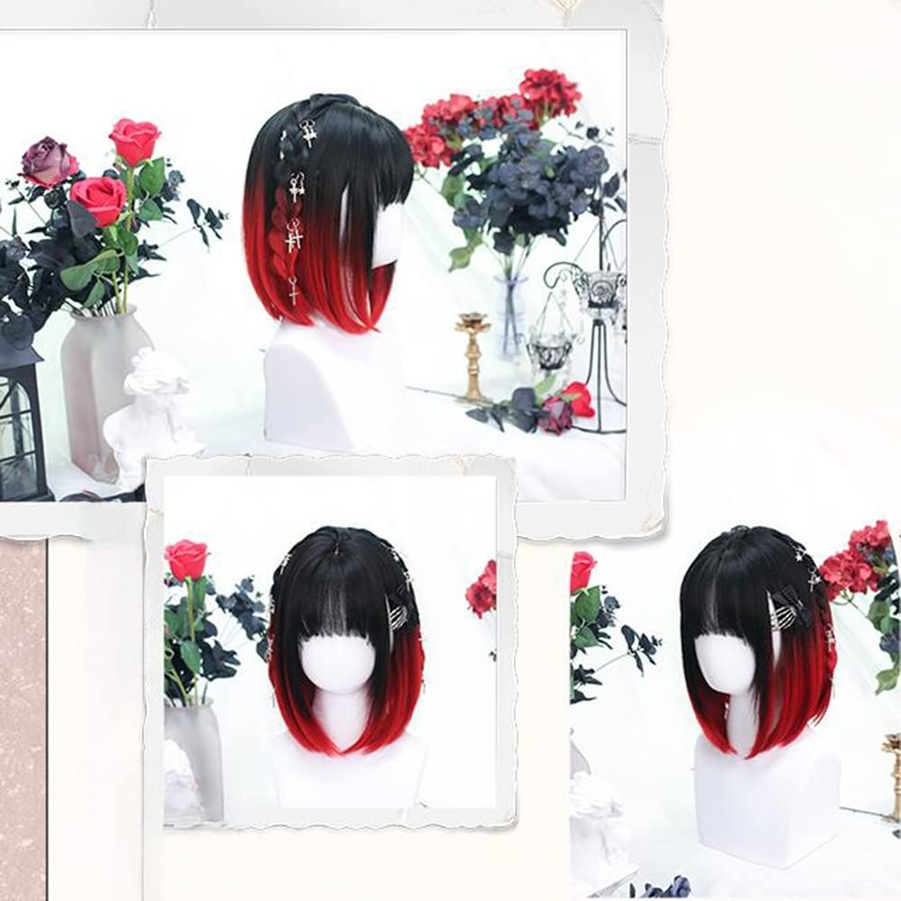 Straight Full Wig, Bob, Mori Girl, Dreamy, Cute, Heat-resistant, Semi-long, Cosplay, Lolita Style, Everyday Wear, Black and Red Gradient Wig