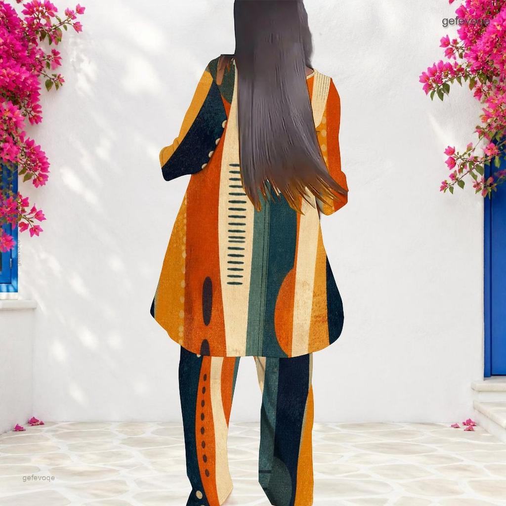 Women Plus Size Geometric Printed Round Neck 3 4 Sleeve Layered Top Long Pants Two Piece Set