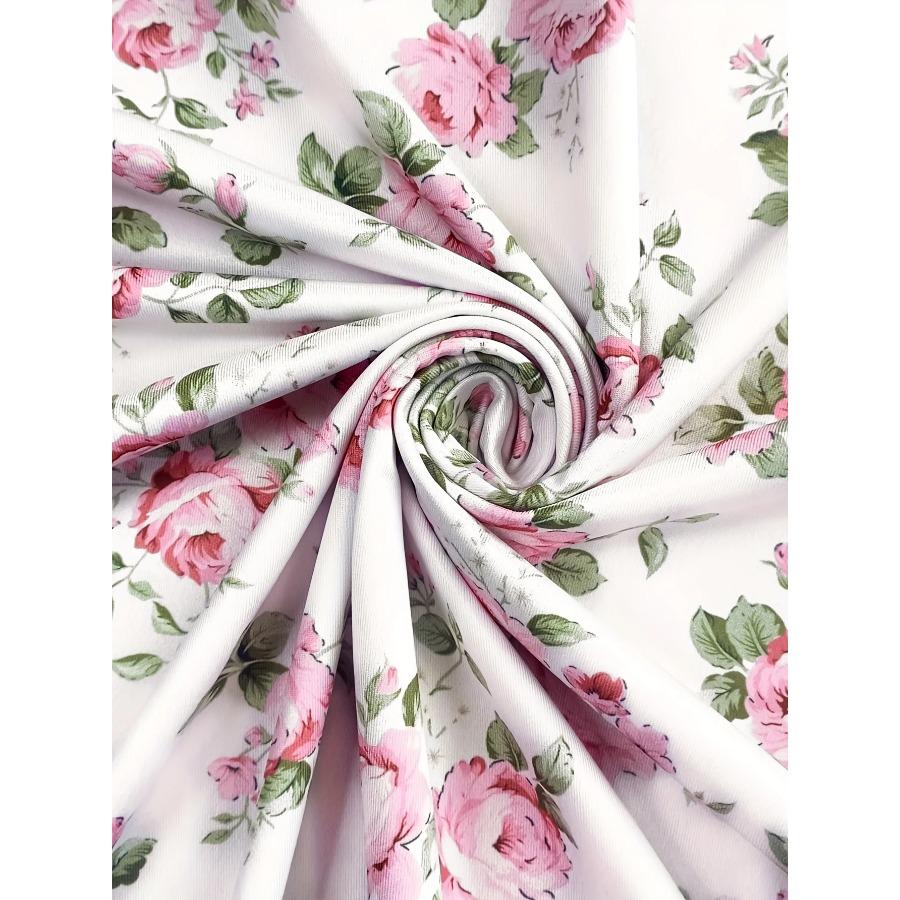 Women's Summer Beach Vacation Sleeveless O-Neck Dress Floral Print Dress with Pink Roses Green Leaves Elegant Casual Resort Wear