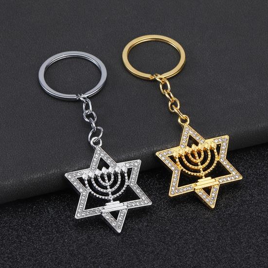 Keychain Pendant Sparkling Rhinestones Hexagram Shape Zinc Alloy Key Holder with Chain Buckle Design Backpack Accessory