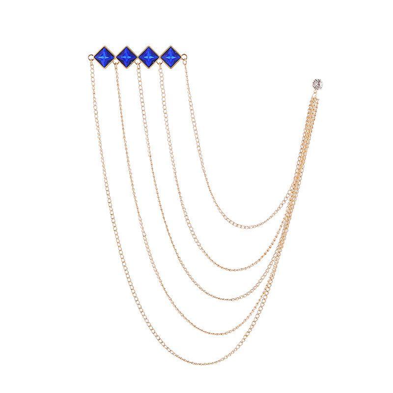 

Fashion Men s Brooch Crown Heart Eagle Wings Rudder Chain Tassel Pin Badge Men Suit Accessories Golden Square Sapphire