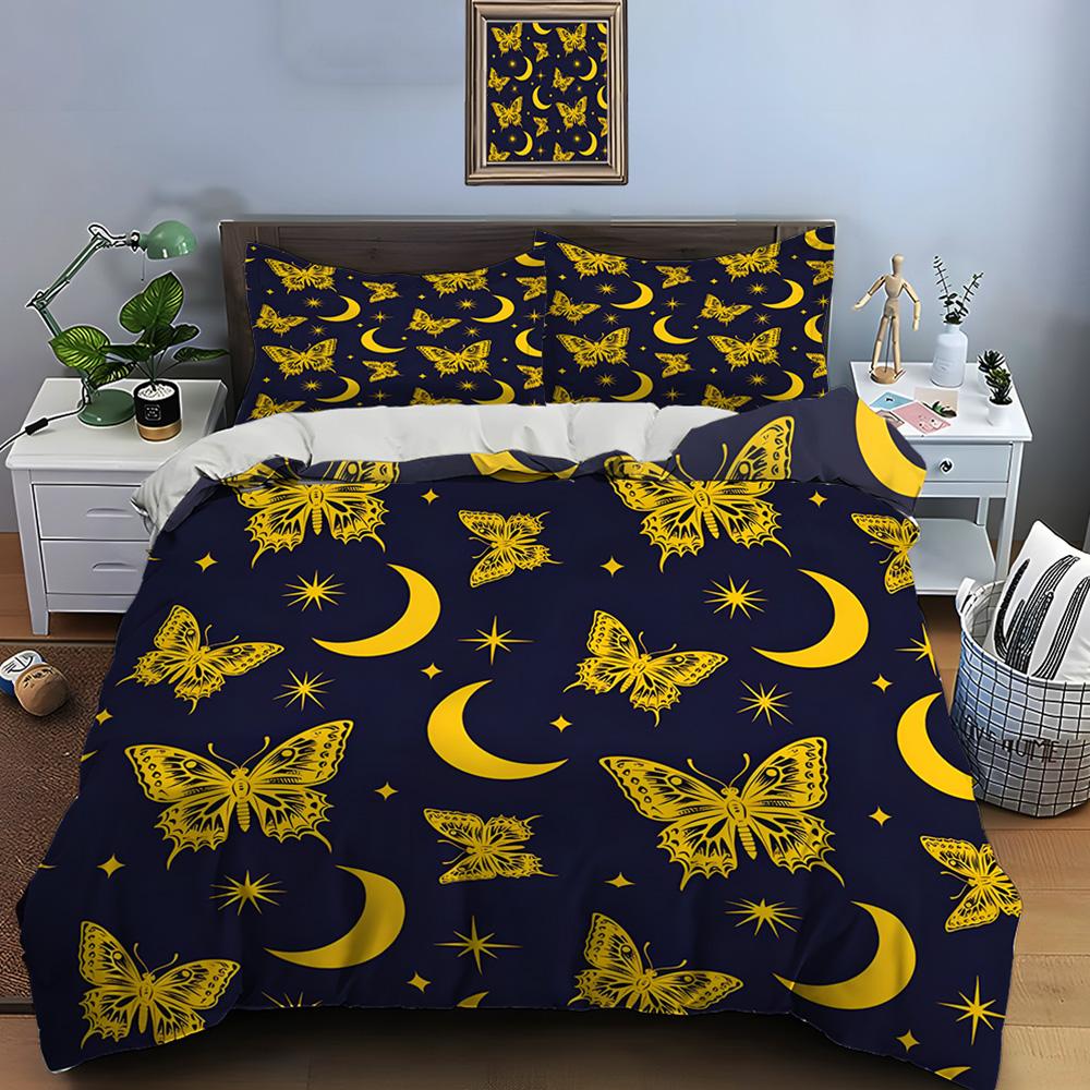 Yellow butterflies with moons stars pattern Bedding Set for Kids Luxury Gift 3pcs Digital Print Comforter Set Soft Comfortable