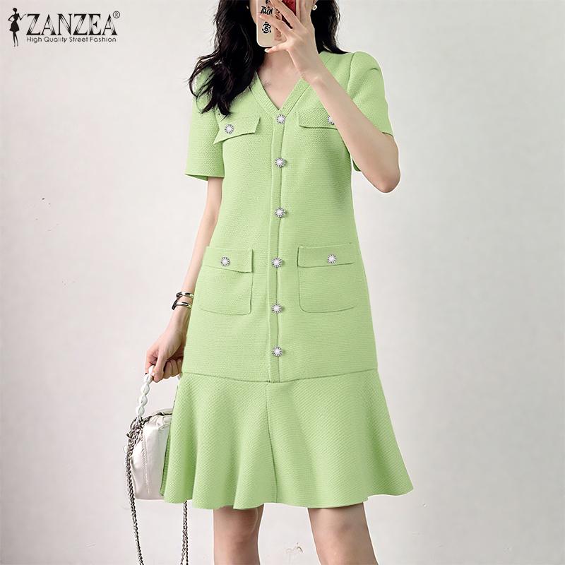 ZANZEA Damen Kurzarm Elegant Textur Büro Plissee Kleid