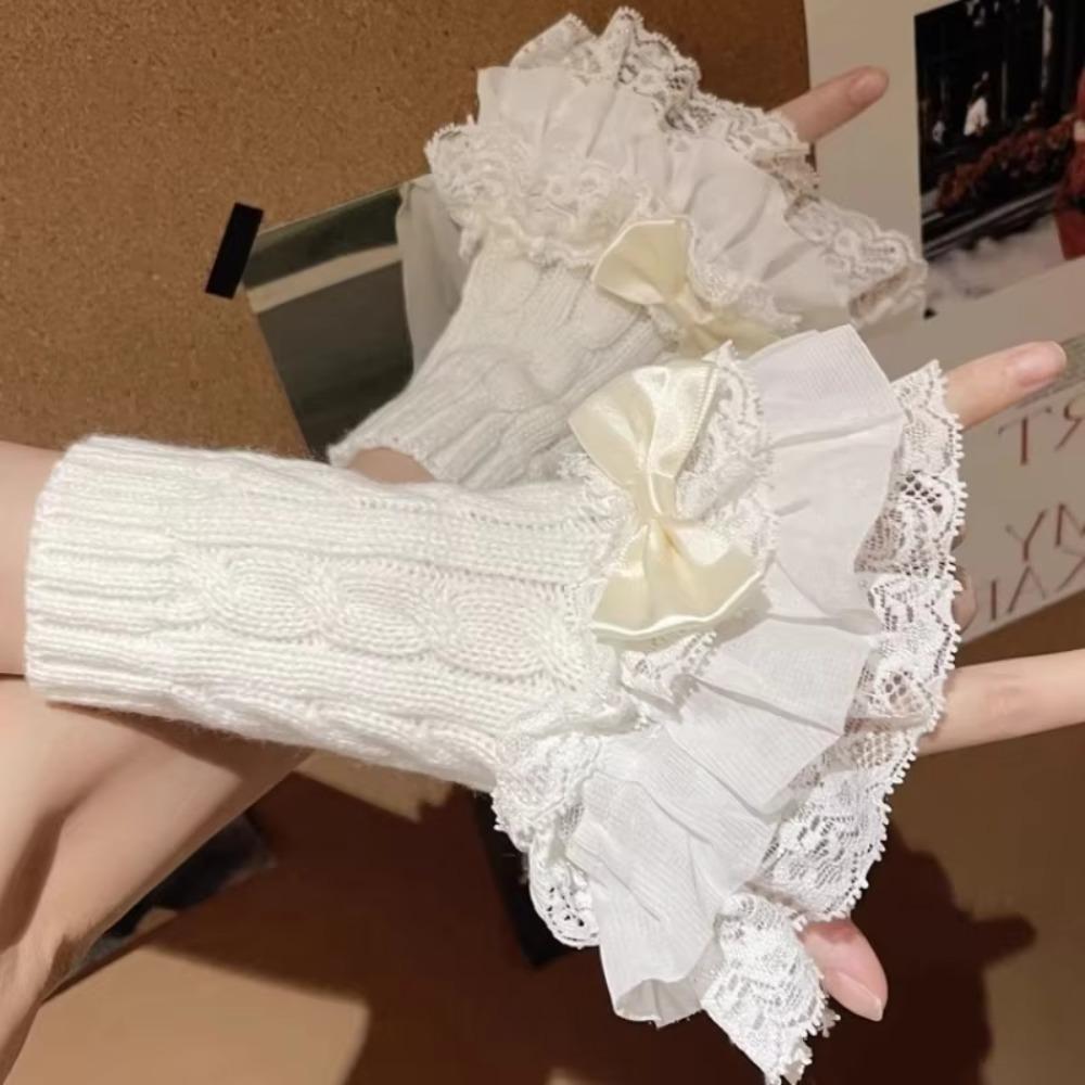 1 pair Lace Ruffle Arm Warmers Gloves Detachable Fingerless Half Gloves False Sleeve Winter Wear