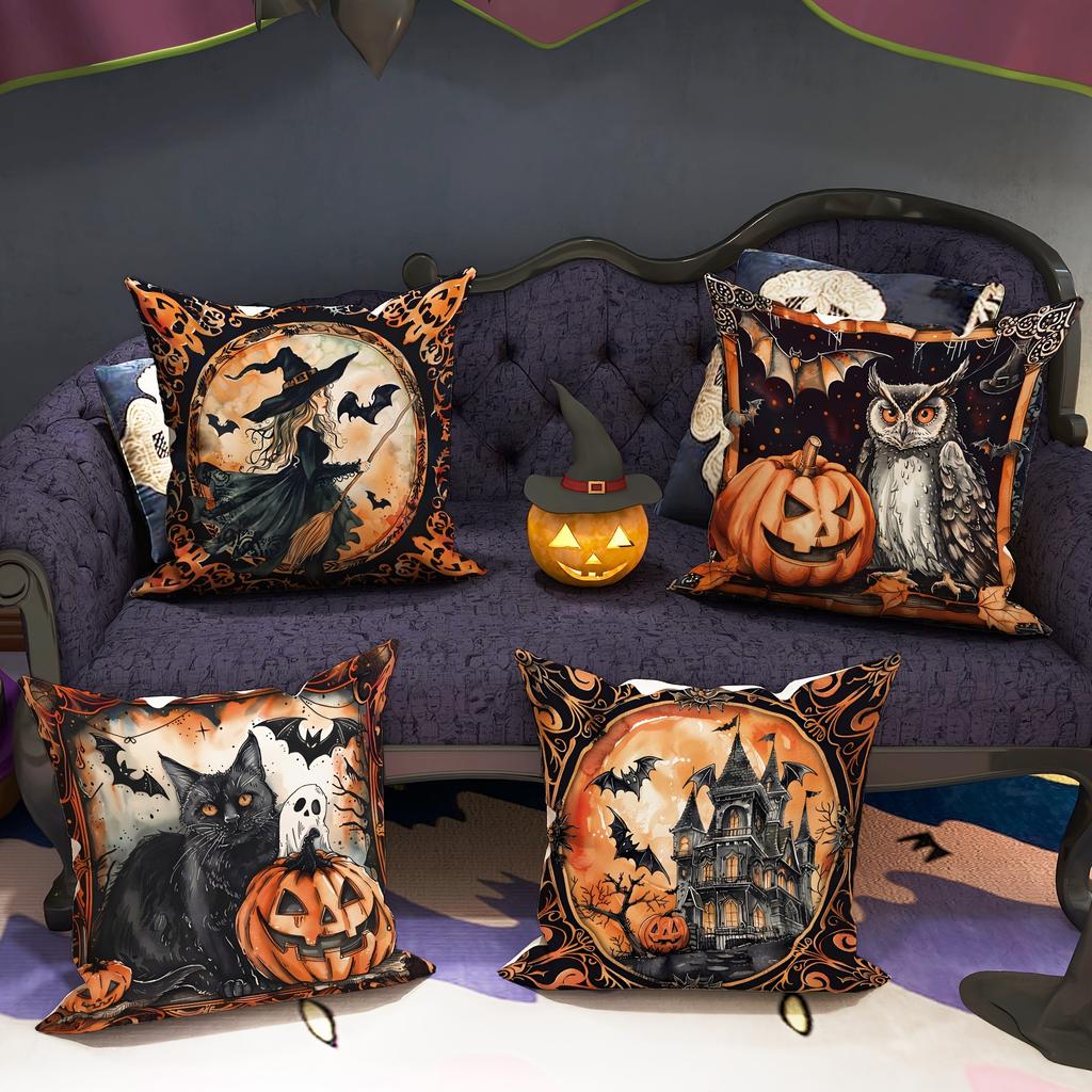 Halloween Decorative Pillowcase, Witch Pumpkin Cat Castle Pattern, Suitable for Home Room Living Room Sofa Cushion Cover
