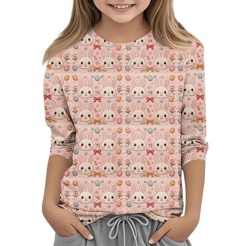 Haut décontracté pour enfants à manches sept-quarts, imprimé Pâques, col rond, imprimé