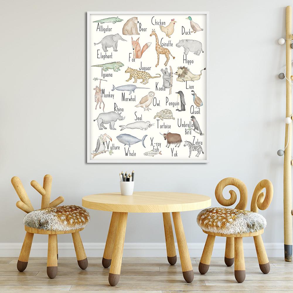 Alphabet mit Tieren Druck ABC Kinderzimmer Wandkunst Leinwandgemälde Babygeschenke Lehrposter Kinderzimmer Wandbild Heimdeko