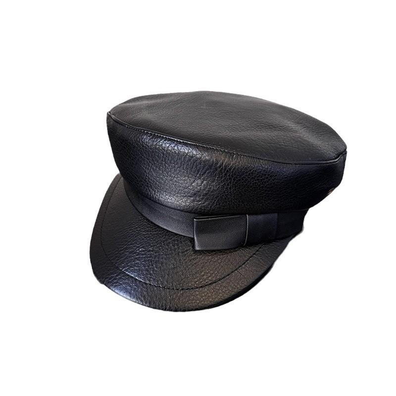 Solid Face Color Slimming  Navy Cap Short Visor Leather Material Supplies Women