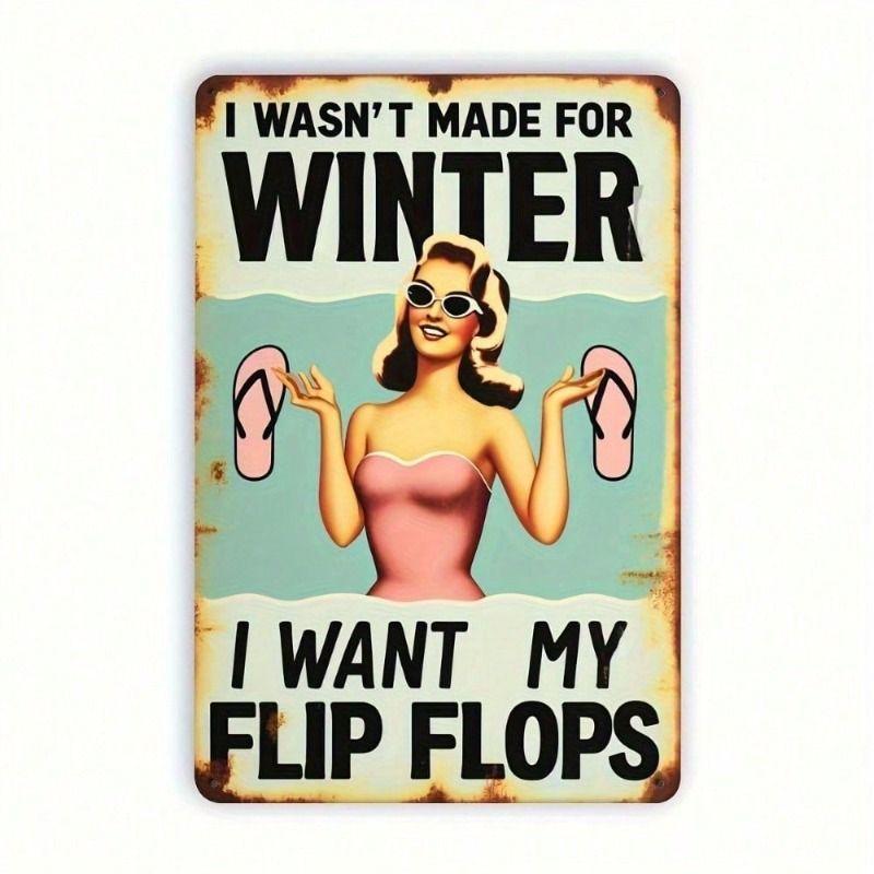 

Metal Wall Art Poster, Winter Beach Vinyl or Tin Sign, Flip Flop Decor for Living Room Cottage