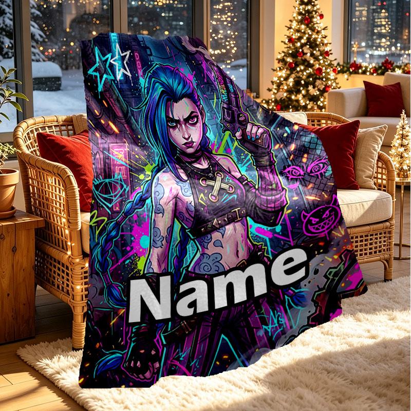 Custom Name Personalized Jinx League of Legends Print Blanket, Home Decor, Bedroom, Sofa, Camping, Couch, Gifts for Birthday Christmas