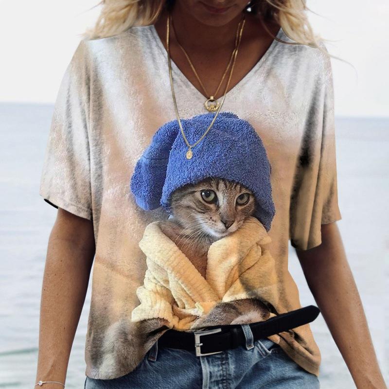 T-shirt d'été à manches courtes et col en V pour femme, imprimé chat 3D, décontracté et tendance