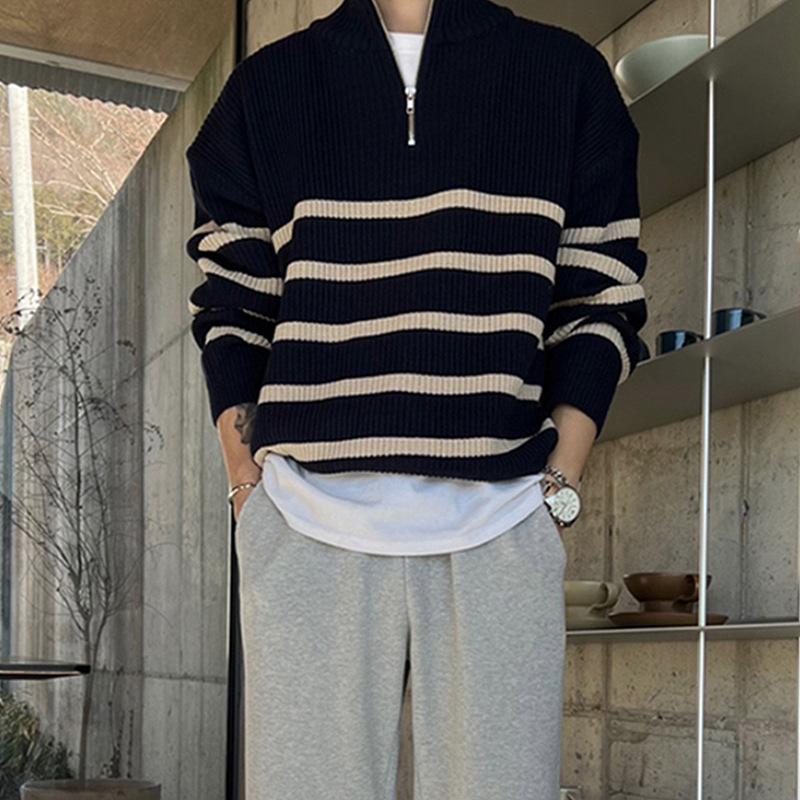 Men’s Trendy Loose Knit Striped Sweater - Japanese & Korean Style, Autumn/Winter Pullover