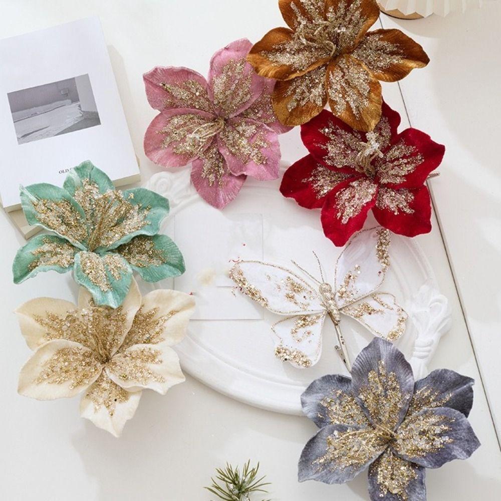 Glitter Christmas Poinsettia 20cm Sequin Floral Xmas Tree Ornaments  Home Decoration