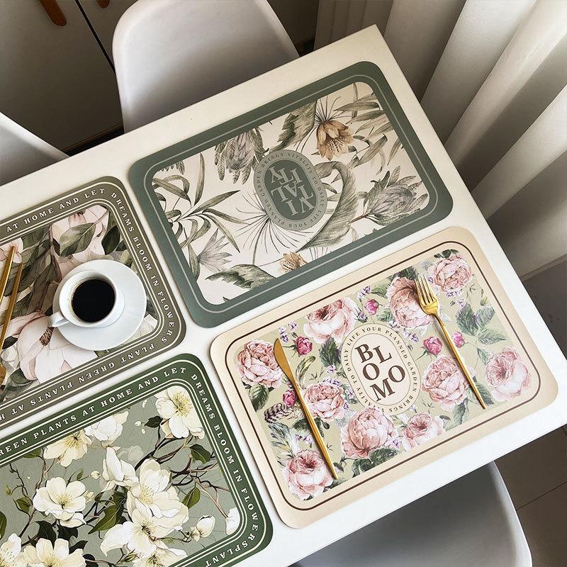 Floral PU Leather Placemat Waterproof Heat-Resistant Dining Table Mat Oil-Proof Decorative Table Pad for Home & Kitchen
