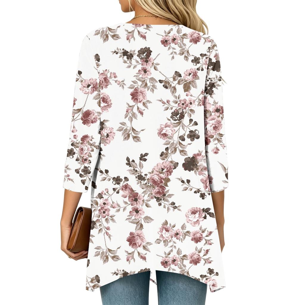 Women's Vintage Floral Print Three-Quarter Sleeve Cardigan Casual Loose Fit Lightweight for Spring Summer