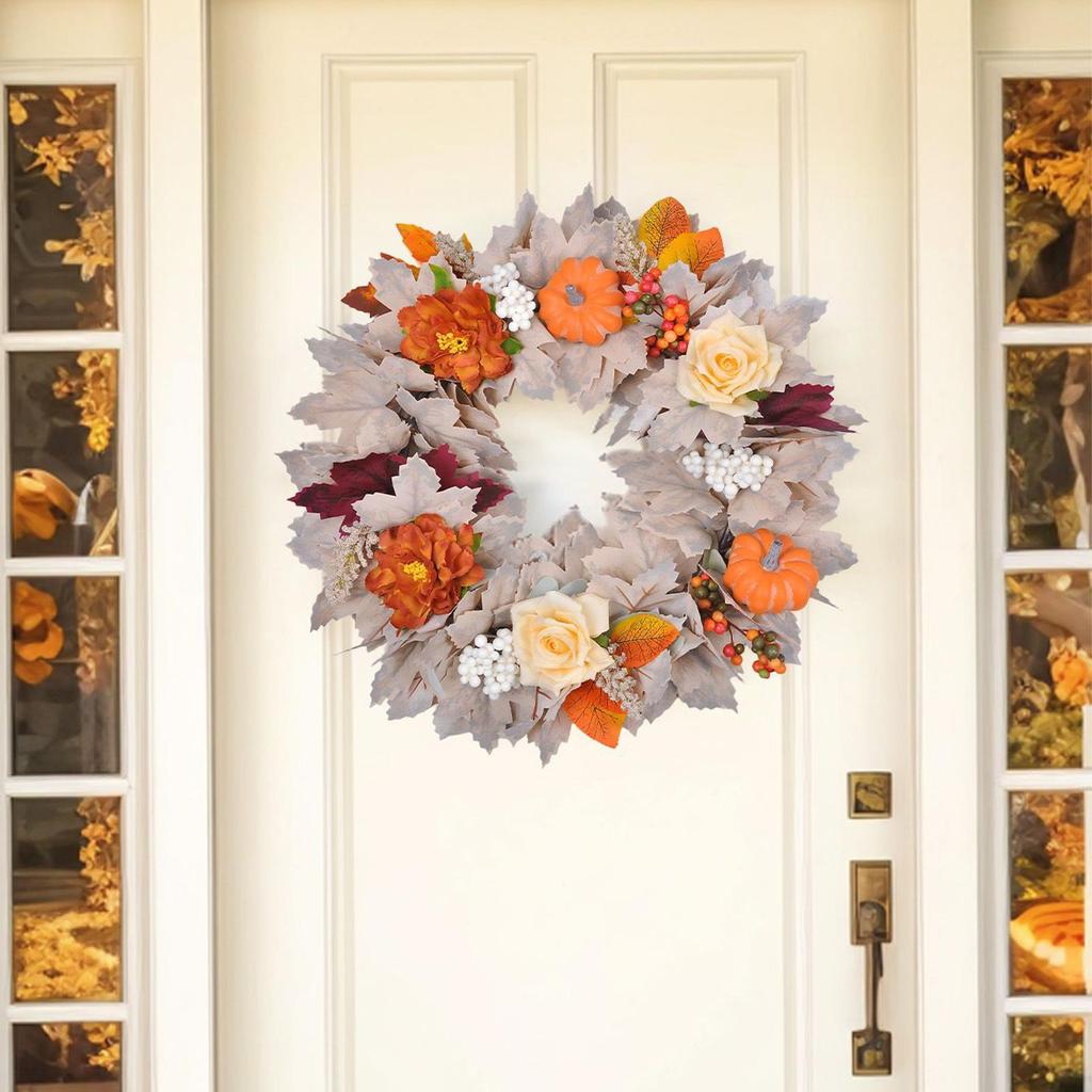 Autumn Door Wreath Christmas Halloween Decoration Pumpkin Berry Pine Cone Maple Artificial Wreath Cloth Rattan Material Home