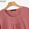 ZANZEA Women Casual Crew Neck Half Sleeve Grid Printed Blouse