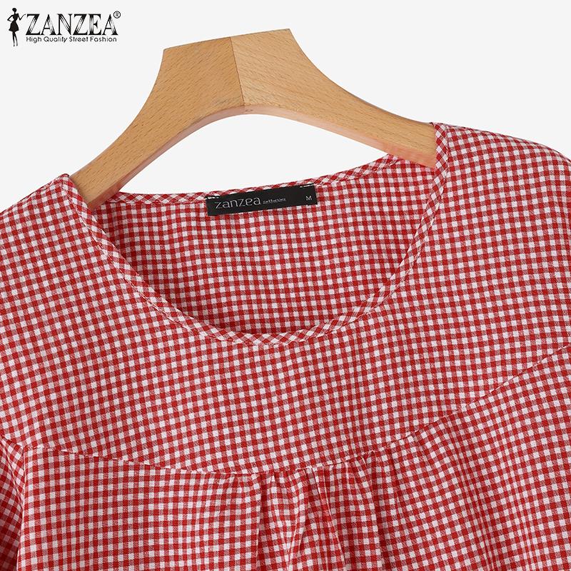 ZANZEA Women Casual Crew Neck Half Sleeve Grid Printed Blouse