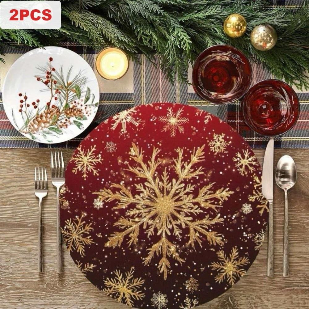 2PCS Anti-Slip Christmas Round Placemat Heat Resistant Christmas Dining Mat  Christmas Decor
