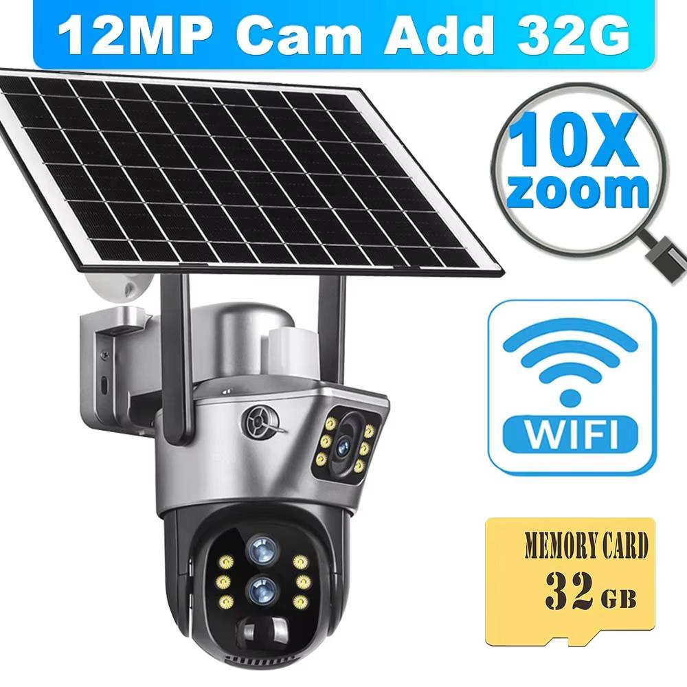 LS VISION 12MP 6K Solárna batériová kamera Vonkajšia 10x Zoom Trojitý objektív PTZ WiFi Dohľadová kamera Bezpečnostná ochrana 4K 8MP Chytrá CCTV kamera