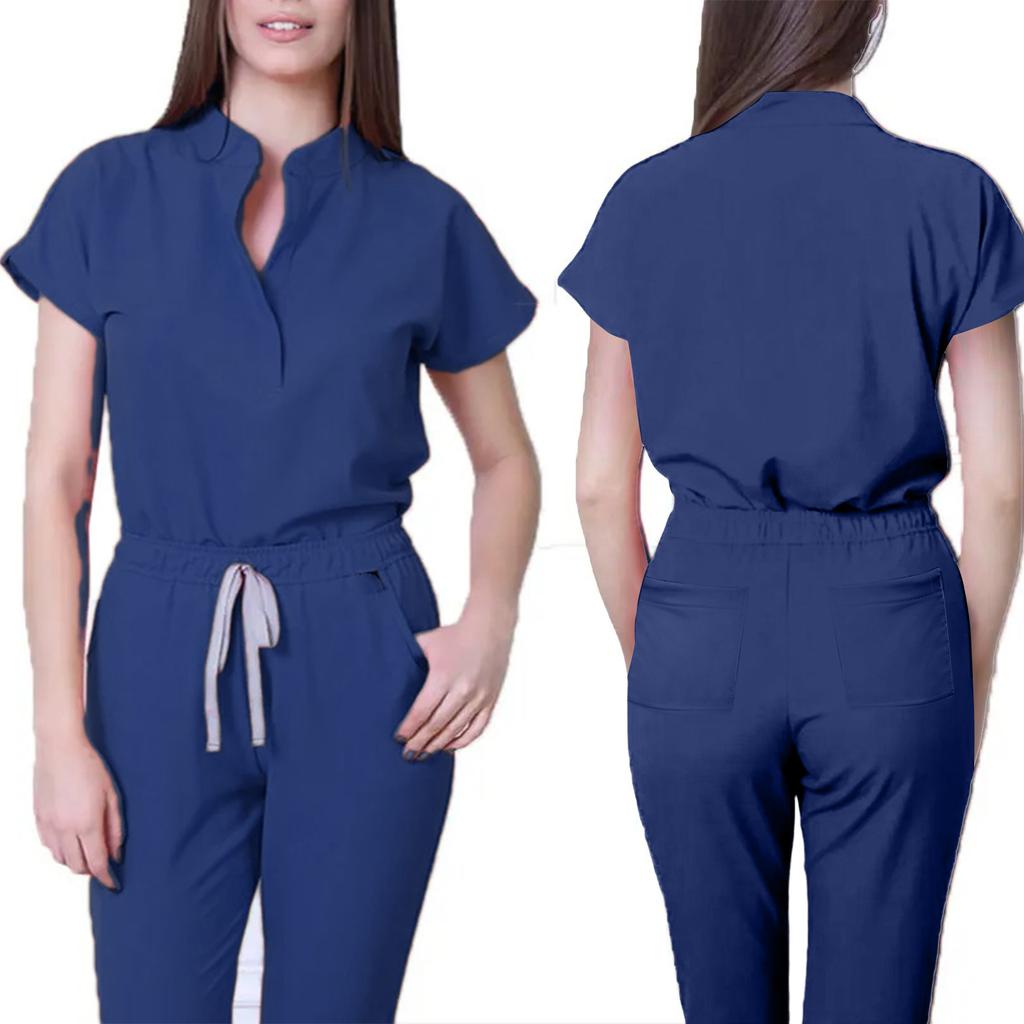 Damen Krankenschwester Overall Stehkragen Kurzarm Mehrfarbig Kordelzug Taille Mehrere Taschen Medizinischer Overall Gesundheitswesen Arbeitskleidung