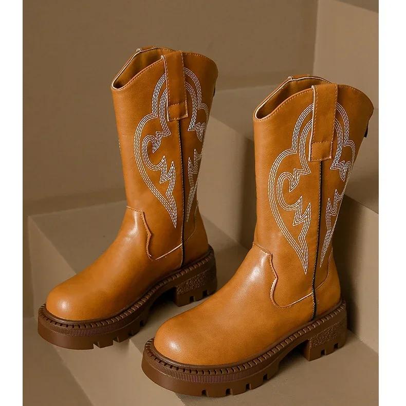 Embroidered Cowboy For Women New  Round Toe Platform Boots Retro Classic Western Cowgirl Trendy Mid-Calf