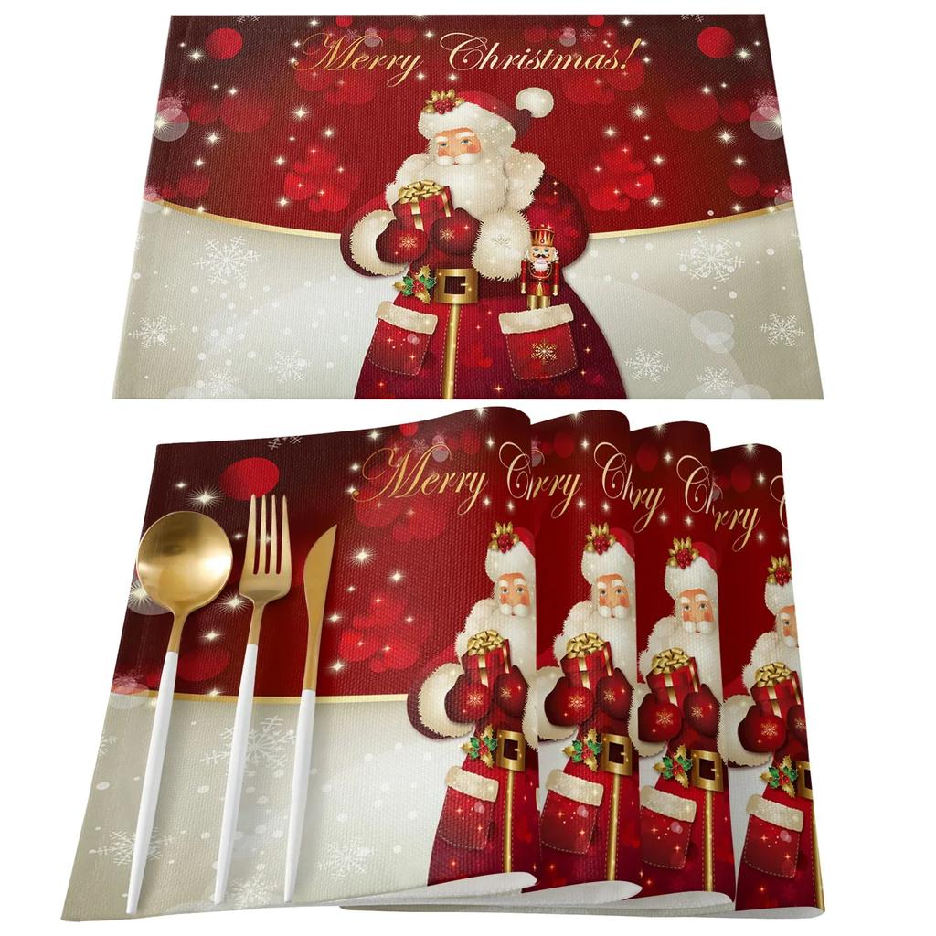 Merry Christmas Santa Claus Print Placemat 2/4/6pcs Kitchen Accessories Coffee Dining Table Mat Coaster Festival Tableware Pads
