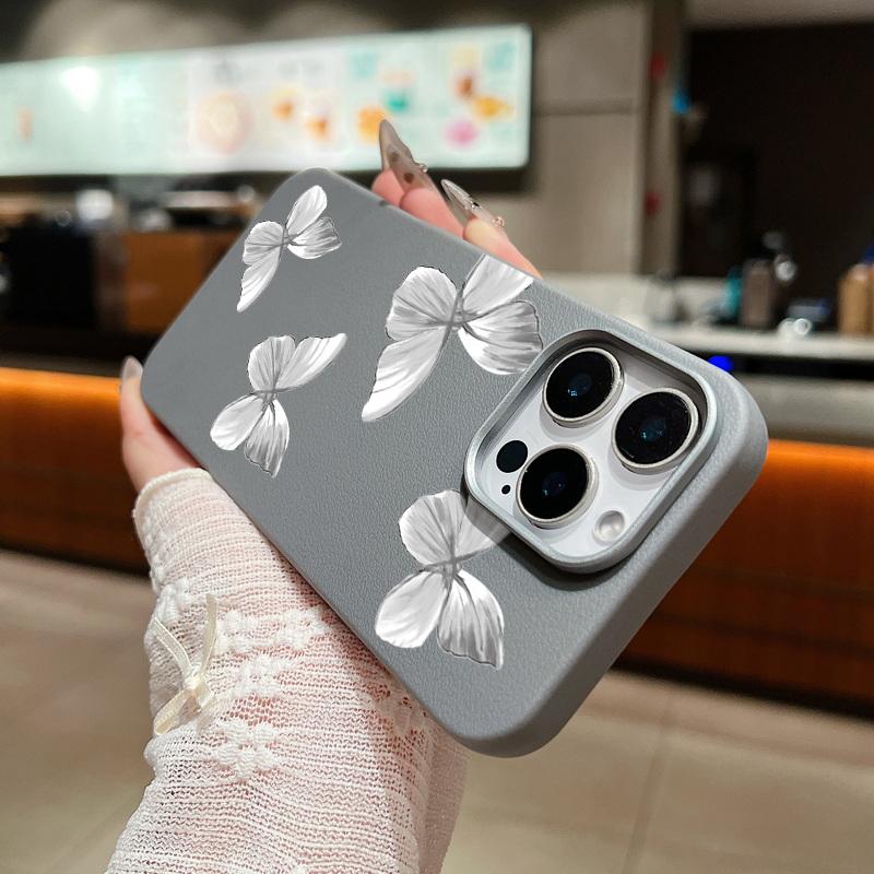 Grey Butterfly Print Shockproof Soft TPU Phone Case For iPhone 16 Pro Max 15 Pro 14 13 12 11 Lens Protection Matte Leather Texture Slim Bumper Cover