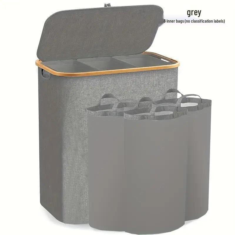 Foldable Bamboo Laundry Hamper with Lid and Inner Bag for Bedroom Storage.