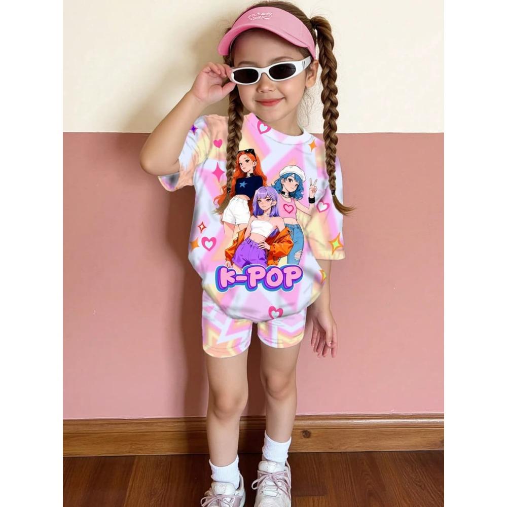Kpop Cartoon Graphic New T-Shirt and Pants Set Girls' Summer Clothing Cute Short Sleeve Set Children's T-Shirt and Shorts Set